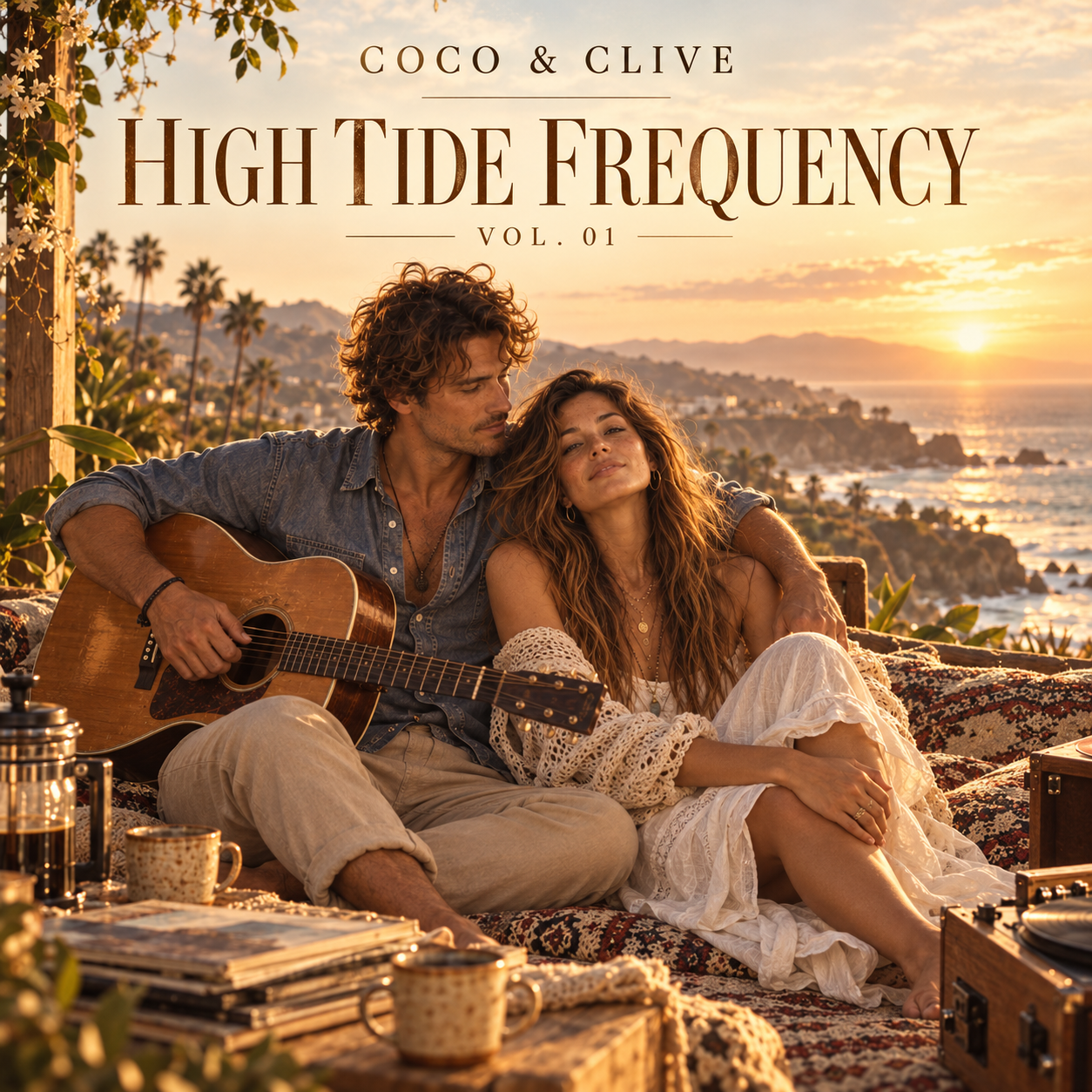High Tide Frequency Vol. 01 album artwork — Coco and Clive beside an acoustic guitar overlooking the Pacific Ocean
