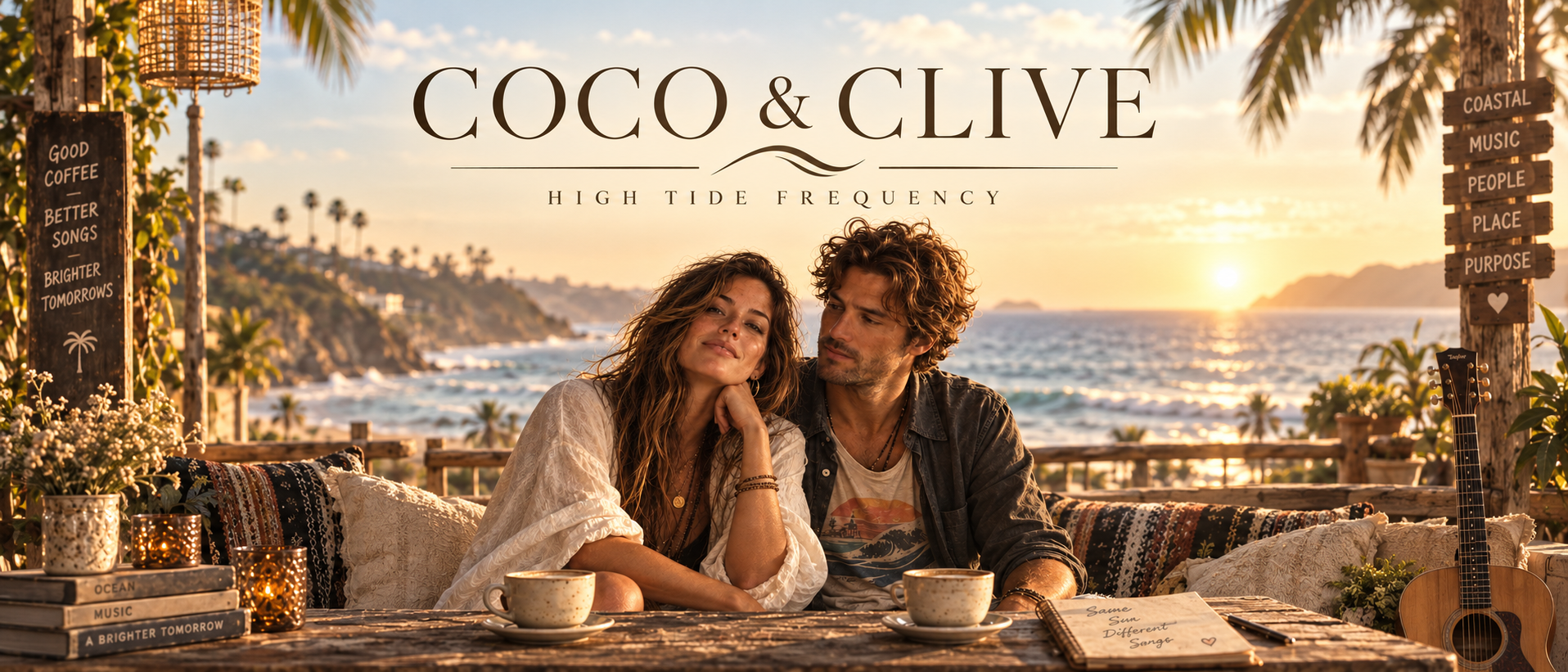 Coco and Clive at a coastal café overlooking the California ocean at sunset