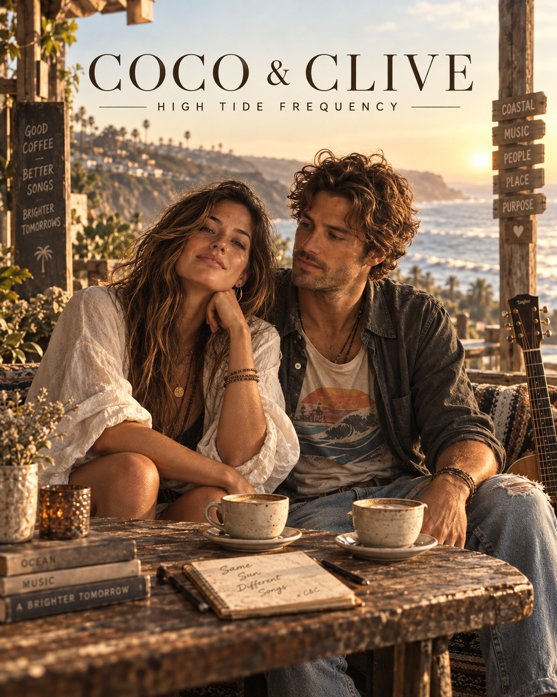 Coco and Clive sitting together in a coastal coffeehouse overlooking the ocean
