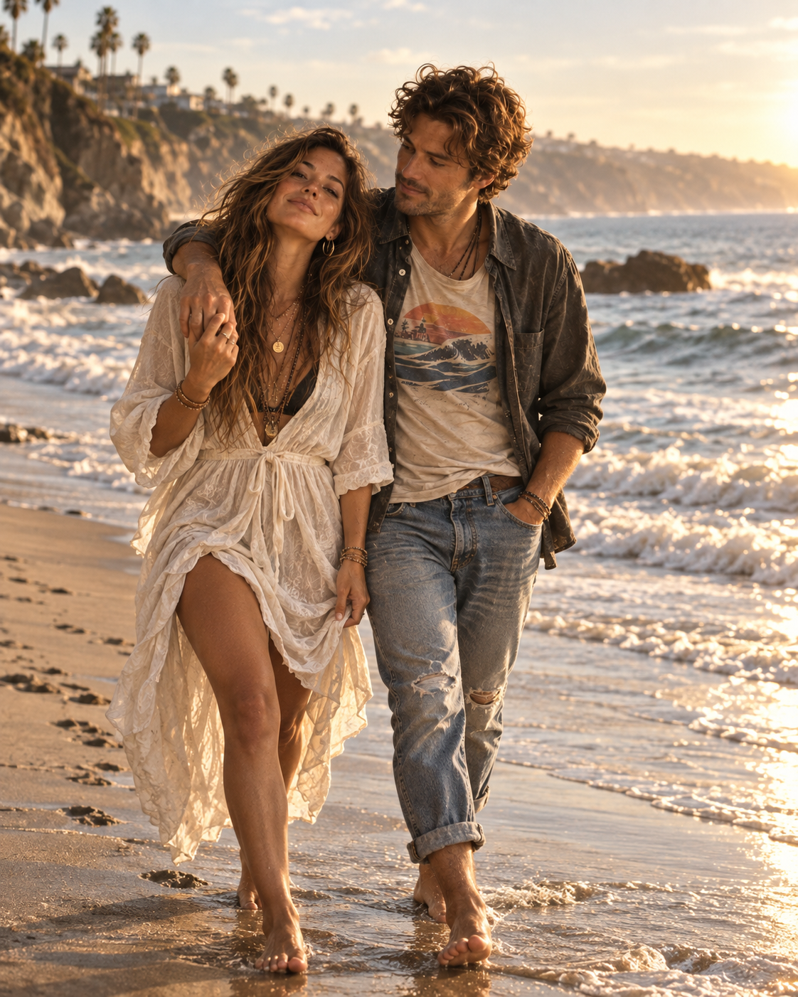 Coco and Clive walking barefoot along a California beach at sunset
